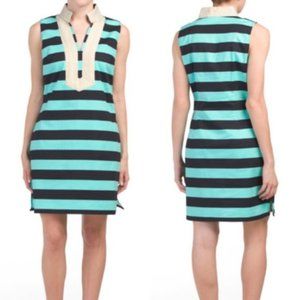 Sail to Sable Green Navy Striped Gold Tunic Dress